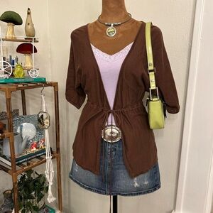 Brown Dolman Short Sleeve Cardigan Sweater w Adjustable Tie Waist by The Limited